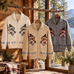 May include: Three zip-up knit cardigans with shawl collars, each featuring a repeating wolf head graphic on the chest and paw print patterns along the hem. The sweaters are presented in cream, beige, and grey, all with front pockets.
