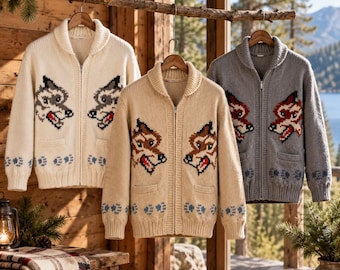 Herenvest met vossenjacquard, vintage gebreid vest met dierenprint en ritssluiting, retro acrylvest met vossenpatroon, gezellig wintercadeau voor hem