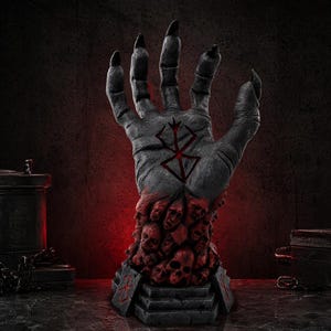 May include: A dark gray sculpture of a large, clawed hand reaching upward, featuring a prominent red brand symbol on the palm. The base of the hand is composed of a cluster of small, detailed human faces and skulls in shades of red and black.