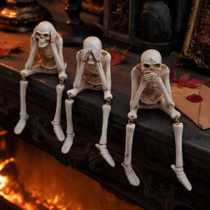 May include: Three off-white skeleton figurines in a seated position, each with dangling legs attached by small metal rings. One skeleton covers its ears, one covers its eyes, and one covers its mouth, representing the see no evil, hear no evil, speak no evil motif.