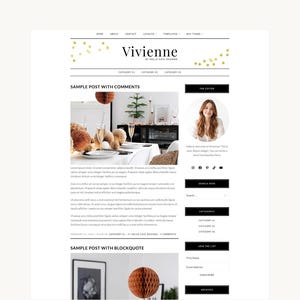 Może przedstawiać: Szablon układu strony internetowej zatytułowany Vivienne by Hello Chic Designs, zawierający nagłówek ze złotymi akcentami w kształcie konfetti, główny obszar treści z przykładowymi wpisami na blogu oraz pasek boczny z profilem.