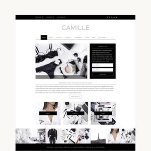 以下が含まれることがあります： CAMILLEというタイトルのファッション・ライフスタイルブログのウェブサイトレイアウト。白黒の配色、ニュースレター登録ボックス、ナビゲーションメニュー、ランジェリーやアクセサリー、ライフスタイルの写真を表示する複数のセクションで構成されています。