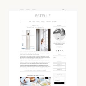 以下が含まれることがあります： ESTELLEというタイトルのウェブサイトレイアウト。清潔感のある白い背景、ナビゲーションメニュー、SAMPLE POST WITH COMMENTSというタイトルのブログ投稿、著者プロフィール、ソーシャルメディアアイコン、検索バー、ニュースレター登録フォームを備えたサイドバーが表示されています。