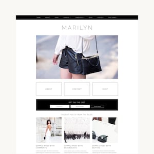以下が含まれることがあります： MARILYNというタイトルのウェブサイトレイアウト。ナビゲーションバー、白いトップスと黒いショートパンツに黒いハンドバッグを合わせた人物の大きなヒーロー画像、3つのナビゲーションボックス、ニュースレター登録セクション、3つのブログ投稿プレビューで構成されています。