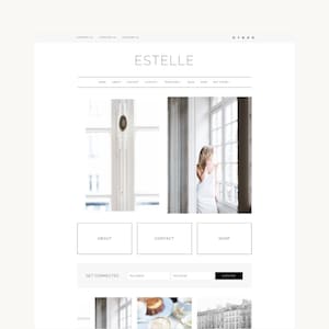 以下が含まれることがあります： ESTELLEというタイトルのウェブサイトレイアウト。ナビゲーションメニューと、home、about、contact、layouts、templates、blog、shop、buy themeへのリンクがあるヘッダーを備えています。ページには2つの大きな画像、3つの長方形のボタン、登録フォームが含まれています。