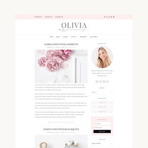 Può includere: Un modello di layout per sito web intitolato OLIVIA WEDDING & EVENTS con uno sfondo bianco pulito, un'intestazione con link di navigazione, una sezione blog con un'immagine floreale e una barra laterale con una foto profilo circolare e testo.