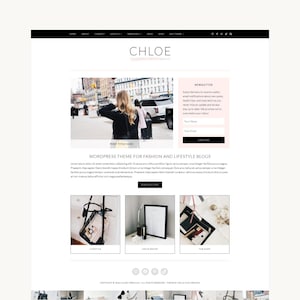 Könnte beinhalten: Ein Website-Layout mit dem Titel CHLOE, das eine Navigationsleiste, einen Header-Bereich mit einem Straßenbild, ein Newsletter-Anmeldefeld, einen Bereich für WordPress-Themes und drei Rasterbilder für Blog-Kategorien enthält.