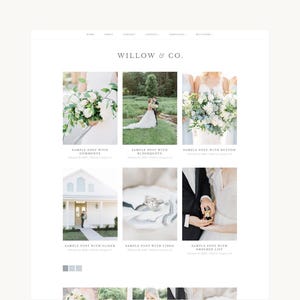 May include: A website layout for Willow & Co. featuring a navigation menu and a grid of six blog post previews. Each post includes a photograph of wedding-themed imagery, such as bouquets, a couple, a building, a ring, and formal attire.
