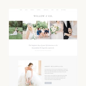 Puede incluir: Una página de inicio de sitio web para Willow & Co. con un menú de navegación, un encabezado con el nombre de la marca y una galería de cinco fotografías de bodas. Debajo de la galería, el texto dice: The happiest day of your life deserves to be beautifully & elegantly captured. Una sección sobre nosotros incluye una fotografía de una persona con un vestido de novia blanco y texto de relleno.