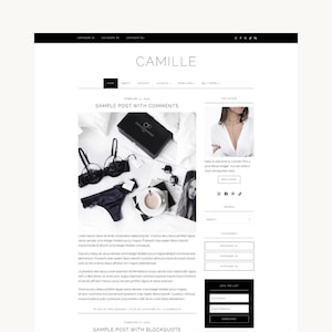 May include: A website layout titled CAMILLE featuring a blog post titled SAMPLE POST WITH COMMENTS. The content includes a black lace bra and matching underwear, a black box, a coffee cup, and a photograph of a person on a white surface.
