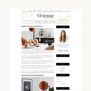 Könnte beinhalten: Ein Website-Template-Layout mit dem Titel Vivienne by Hello Chic Designs, das einen Header mit goldenen Konfetti-Akzenten, einen Hauptinhaltsbereich mit Beispiel-Blogbeiträgen und eine Seitenleiste mit Autorenprofil, Suchleiste und Newsletter-Anmeldung umfasst.