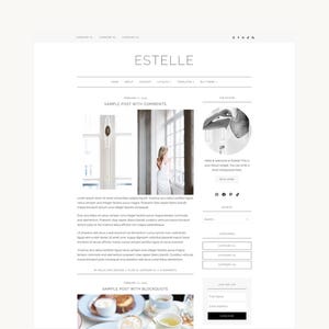 May include: A website layout titled ESTELLE featuring a clean white background, a navigation menu, a blog post section with sample text and images, and a sidebar containing an author profile, search bar, and subscription form.
