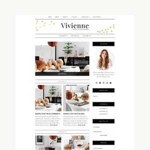 Może przedstawiać: Szablon strony internetowej zatytułowany Vivienne by Hello Kate Designs, zawierający nagłówek ze złotymi akcentami w kształcie konfetti, główny obszar treści z podglądami postów na blogu oraz pasek boczny z profilem autora.