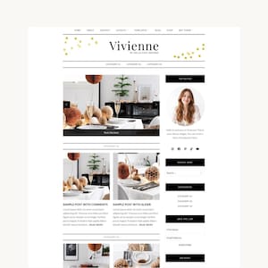 Puede incluir: Una plantilla de sitio web titulada Vivienne de Hello You Designs con fondo blanco, texto negro y detalles de confeti dorado. El diseño incluye un menú de navegación, un control deslizante de imágenes, una barra lateral con perfil de autor, barra de búsqueda, enlaces de categorías y un formulario de suscripción a boletines con ejemplos de publicaciones de blog.