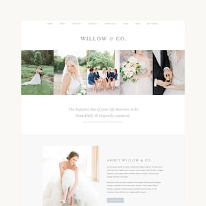 May include: A website landing page for Willow & Co. featuring a header with the brand name, a navigation menu, and a collage of wedding photographs. The page includes the text The happiest day of your life deserves to be beautifully & elegantly captured.