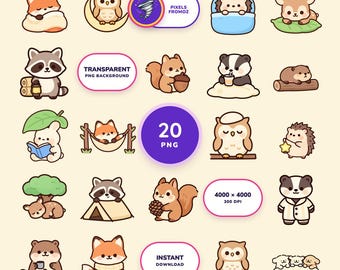 Imágenes prediseñadas PNG de acogedora fiesta de pijamas en el bosque, 20 amigos del bosque para manualidades
