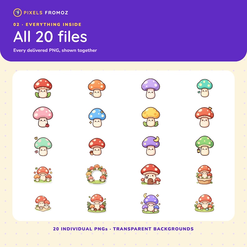 Kawaii Mushroom Clip Art — 20 Transparent PNGs, 4000px image 9