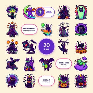 Vampire Cat Halloween Clip Art PNG, 20 Neon Gothic Designs image 1