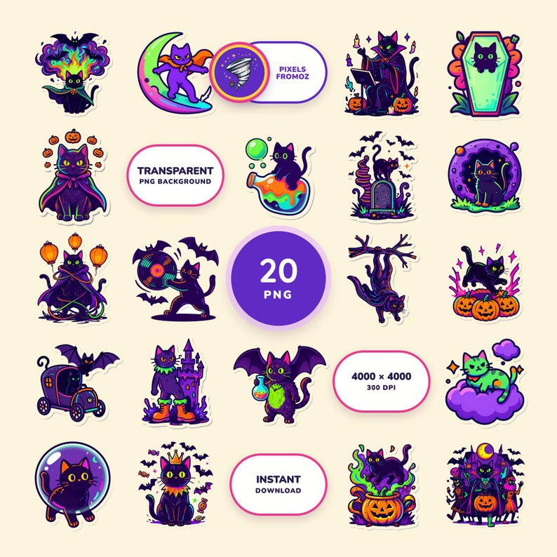 Vampire Cat Halloween Clip Art PNG, 20 Neon Gothic Designs image 1