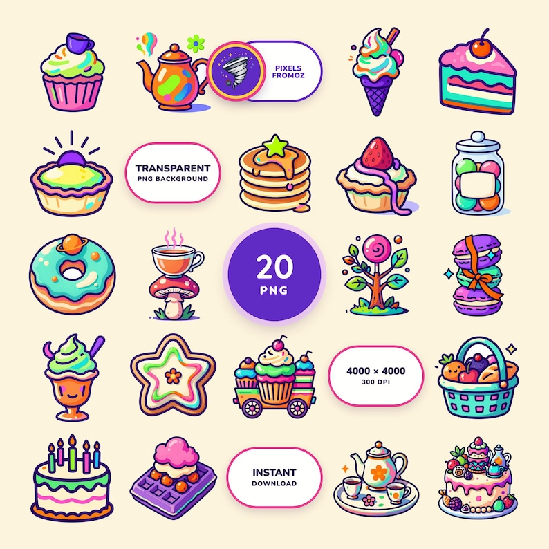 Whimsical Little Treats Clip Art PNG, 20 Surreal Party Designs image 1
