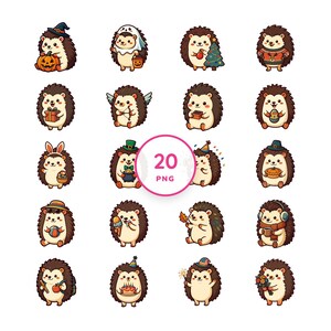 Clip art stagionale di ricci Kawaii - 20 adesivi di animali per le feste in formato PNG immagine 1
