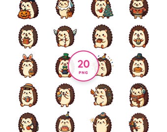 Seasonal Kawaii Hedgehog Clip Art - 20 Holiday Animal Stickers PNG