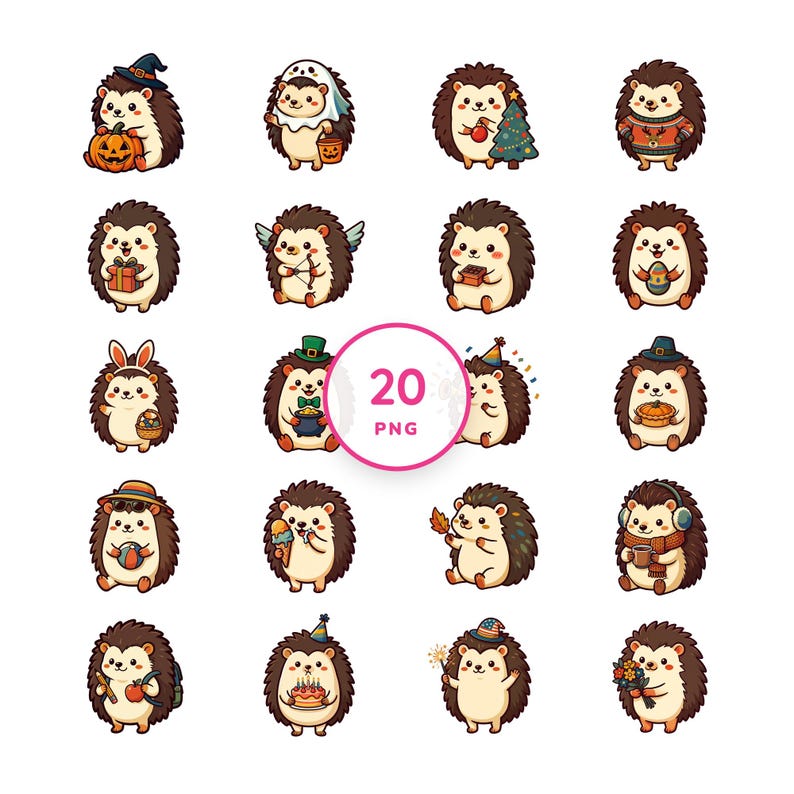 Clip art stagionale di ricci Kawaii - 20 adesivi di animali per le feste in formato PNG immagine 1