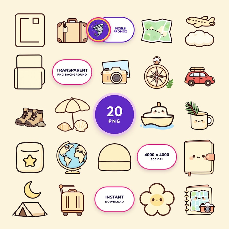 Travel Journal Adventure Icons PNG, 20 Vacation Clip Art Designs image 1