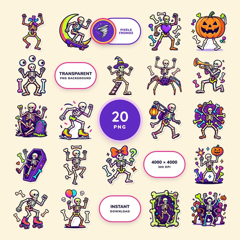 Surreal Skeleton Halloween Clip Art PNG, 20 Candy-Colored Designs image 1