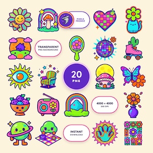 Imágenes prediseñadas PNG de estilo retro kawaii para pared, 20 mini láminas eclécticas imagen 1