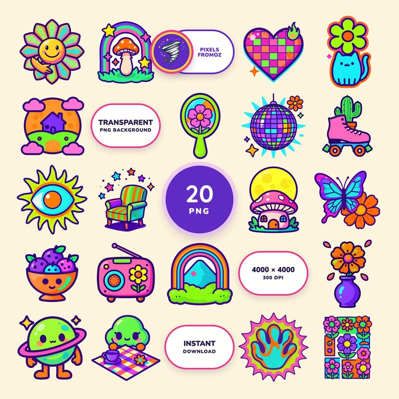 Imágenes prediseñadas PNG de estilo retro kawaii para pared, 20 mini láminas eclécticas imagen 1