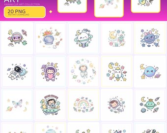 Kawaii Space Clip Art, 20 Transparent PNGs, 4000px Graphics