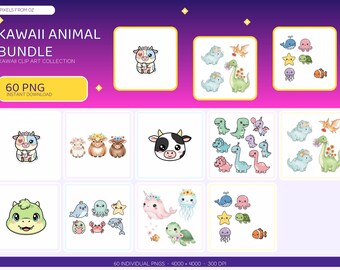 Kawaii Animal Clip Art Bundle - 60 PNGs for Crafts and Stickers