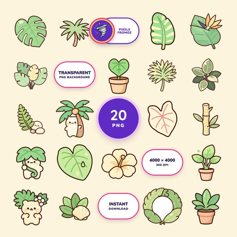 Tropical Botanical Leaves Clip Art PNG, 20 Exotic Plant Designs image 1