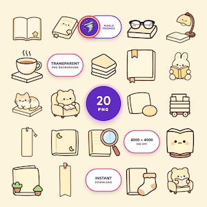 Book Lover Reading Sticker Clip Art PNG, 20 Cozy Reading Designs image 1