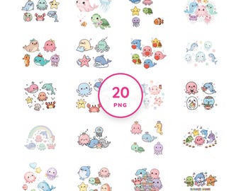 Sea Animals PNG Clip Art, Ocean Birthday & Underwater Graphics, 20 Transparent Files