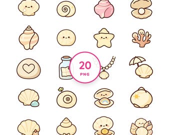 Kawaii Seashell Clip Art PNG, 20 Beach Treasures for Stickers & Crafts