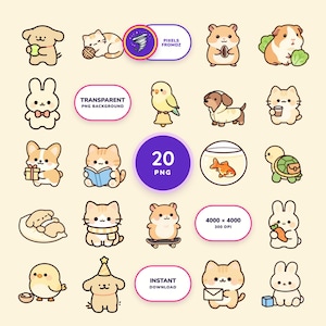 Imágenes prediseñadas PNG de mascotas divertidas, 20 perros, gatos, conejos y hámsteres (descarga digital) imagen 1
