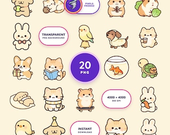 Playful Pet Sticker Clip Art PNG, 20 Dogs Cats Rabbits Hamsters (Digital Download)