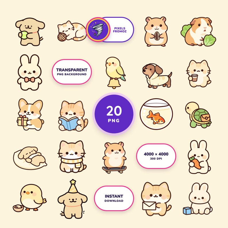 Imágenes prediseñadas PNG de mascotas divertidas, 20 perros, gatos, conejos y hámsteres (descarga digital) imagen 1