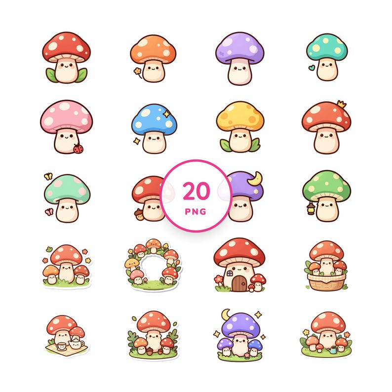 Kawaii Mushroom Clip Art — 20 Transparent PNGs, 4000px image 1