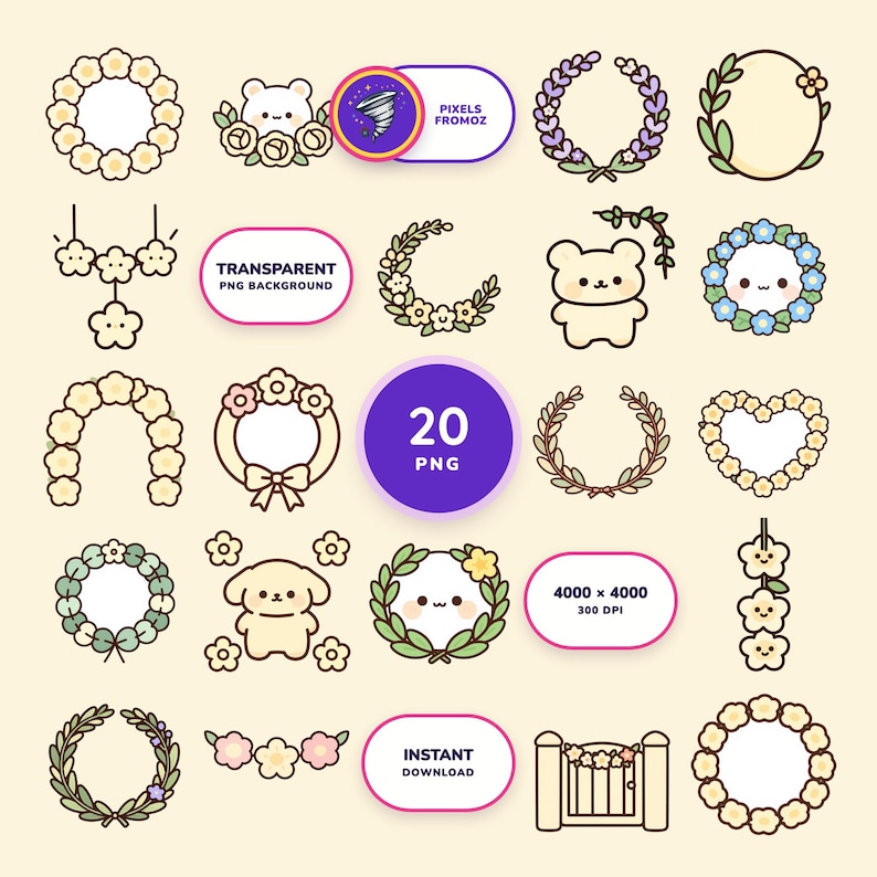 Floral Wreaths and Garlands Clip Art PNG, 20 Botanical Designs image 1