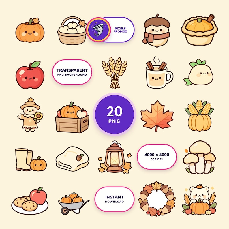Autumn Harvest Clip Art PNG, 20 Cozy Fall Pumpkins and Harvest Designs image 1