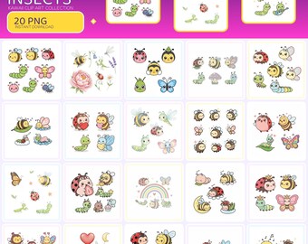 Cute Insect Clip Art, 20 Transparent PNGs, 4000px Graphics