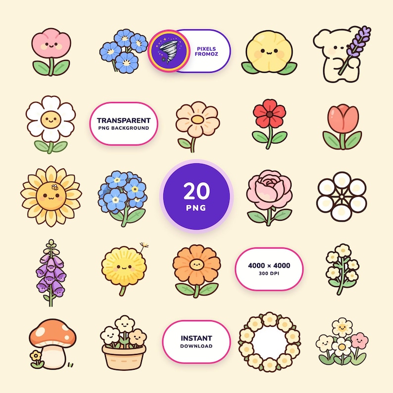 Wildflower Garden Clip Art PNG, 20 Botanical Elements, Digital Download image 1
