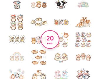Imágenes prediseñadas PNG de vaca kawaii, gráficos de granja para cumpleaños y baby shower, 20 archivos transparentes