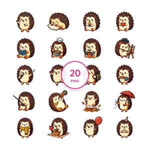 Retro Kawaii Hedgehog Clip Art – 20 Woodland Animal Illustrations (PNG) image 1