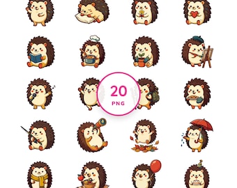 Retro Kawaii Hedgehog Clip Art – 20 Woodland Animal Illustrations (PNG)