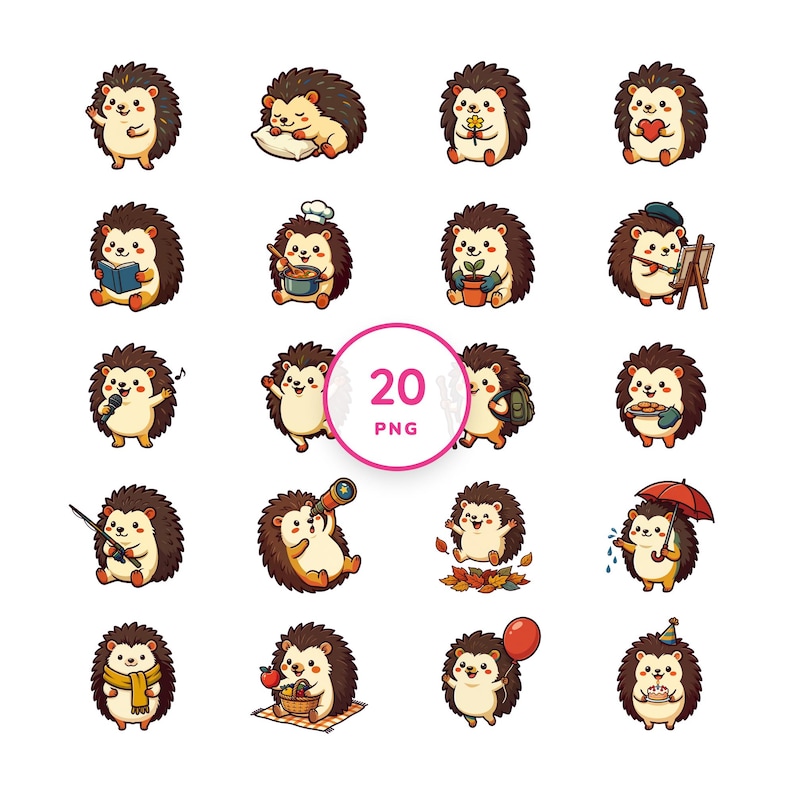 Retro Kawaii Hedgehog Clip Art – 20 Woodland Animal Illustrations (PNG) image 1