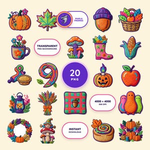 Embroidered Cozy Fall Clip Art PNG, 20 Autumn Craft Motifs image 1